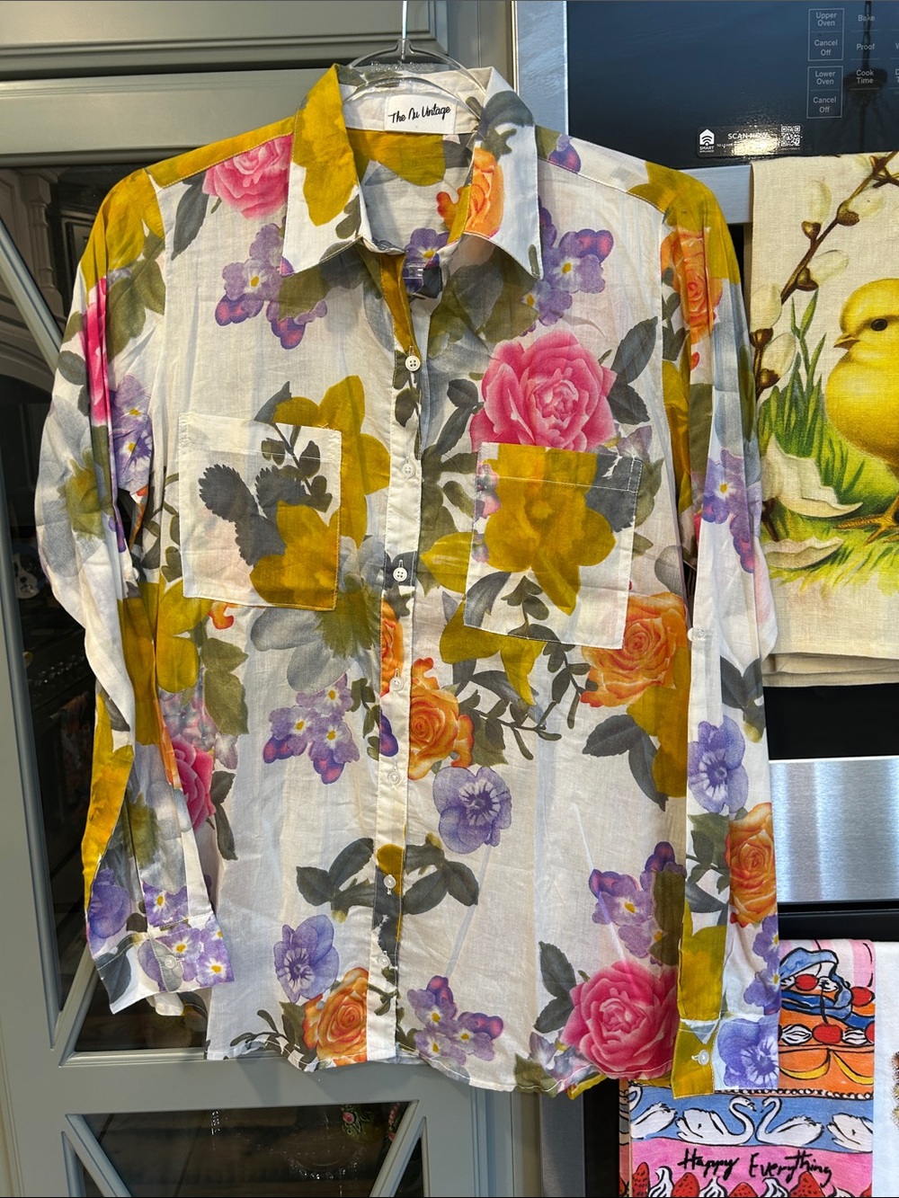 The Nu Vintage Floral Cotton Button-Up Shirt - White with Pink & Yellow Flowers